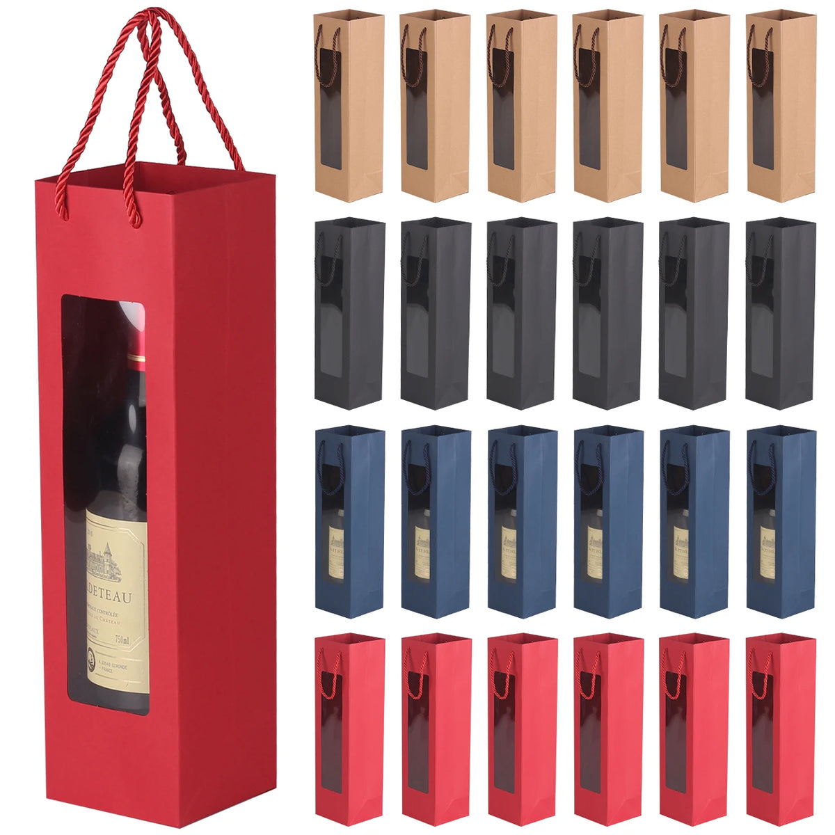 Sacchetti Regalo per Vino in Carta Kraft | Finestra Trasparente e Manico – Set da 8