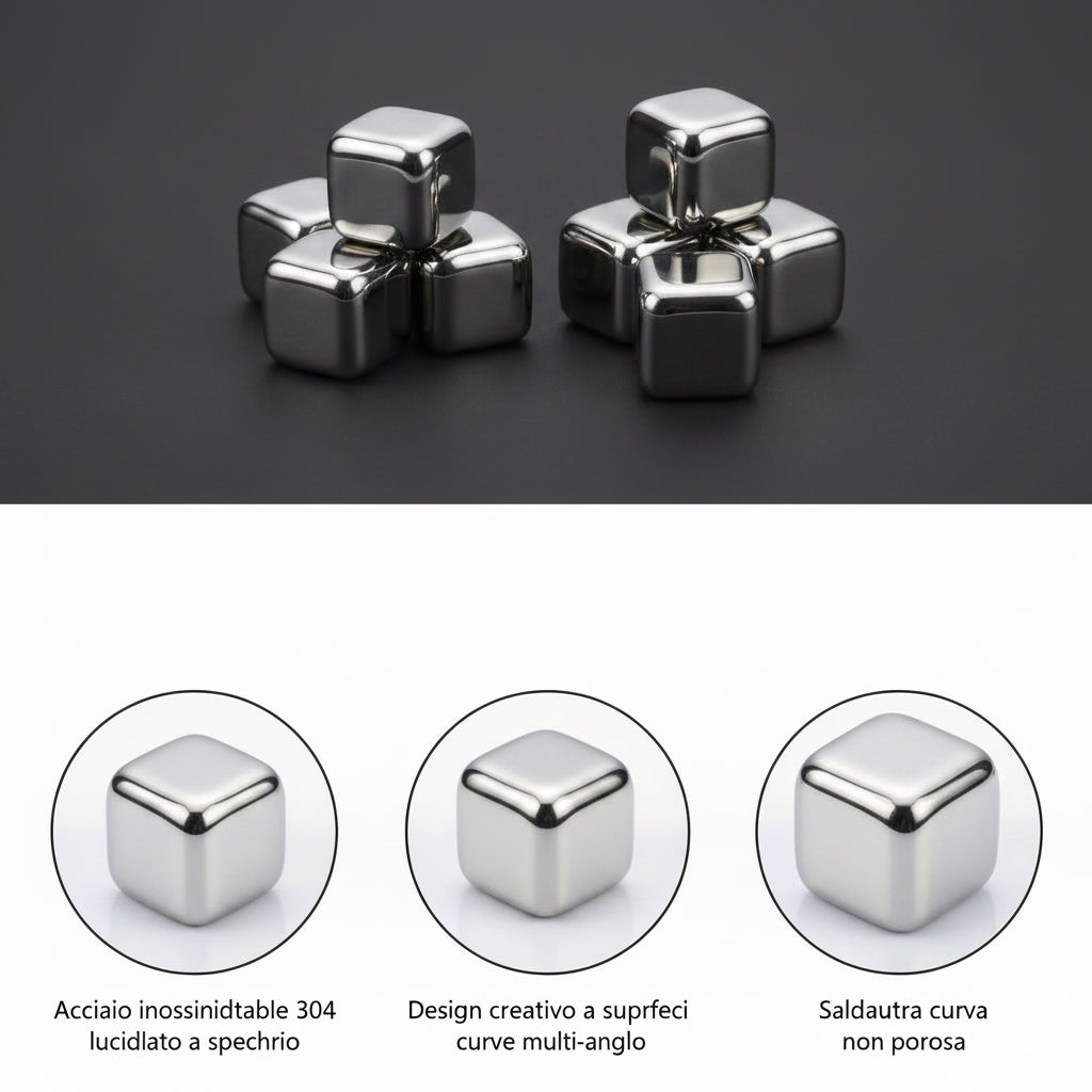 Cubetti di Ghiaccio Riutilizzabili in Acciaio Inox 304 – Set con Scatola | Stivale DiVino