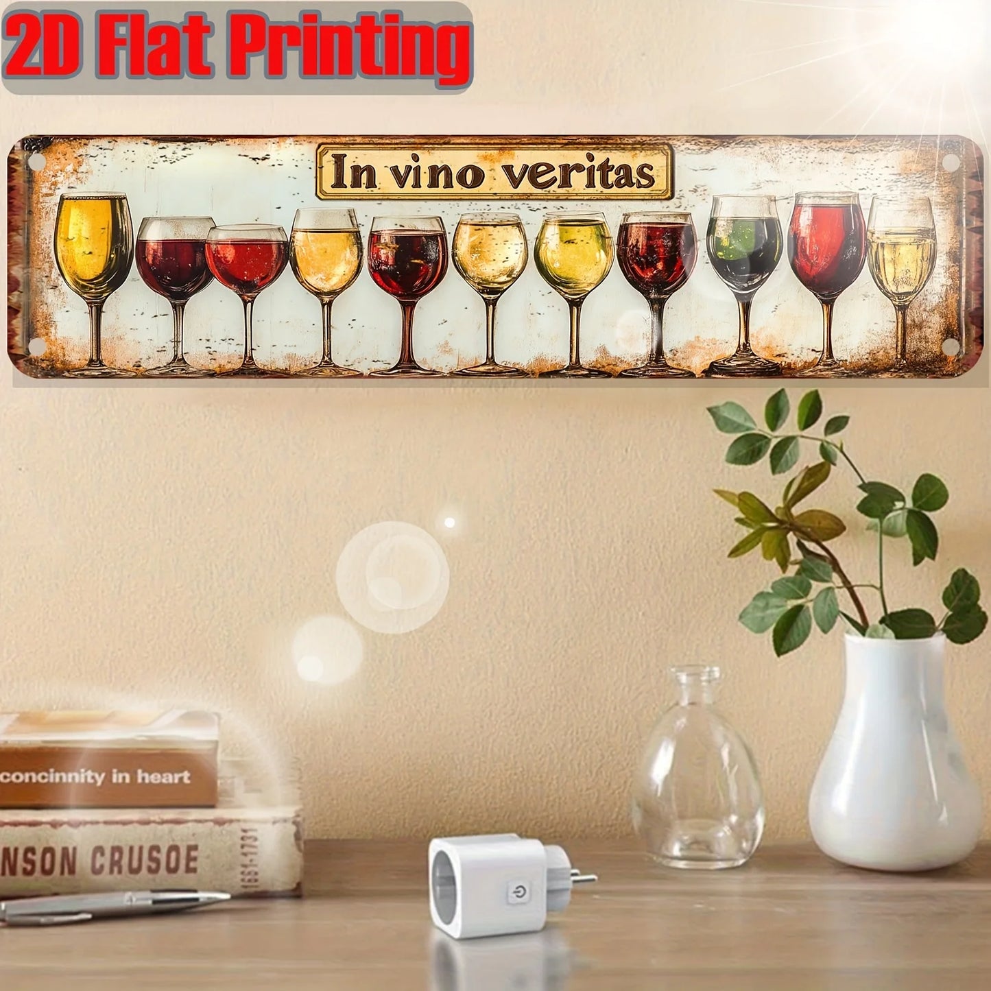 Insegna in metallo vintage "In Vino Veritas", targa decorativa da parete retrò con stampa piatta 2D a forma di bicchieri da vino, poster classico per bar, pub e cucina.