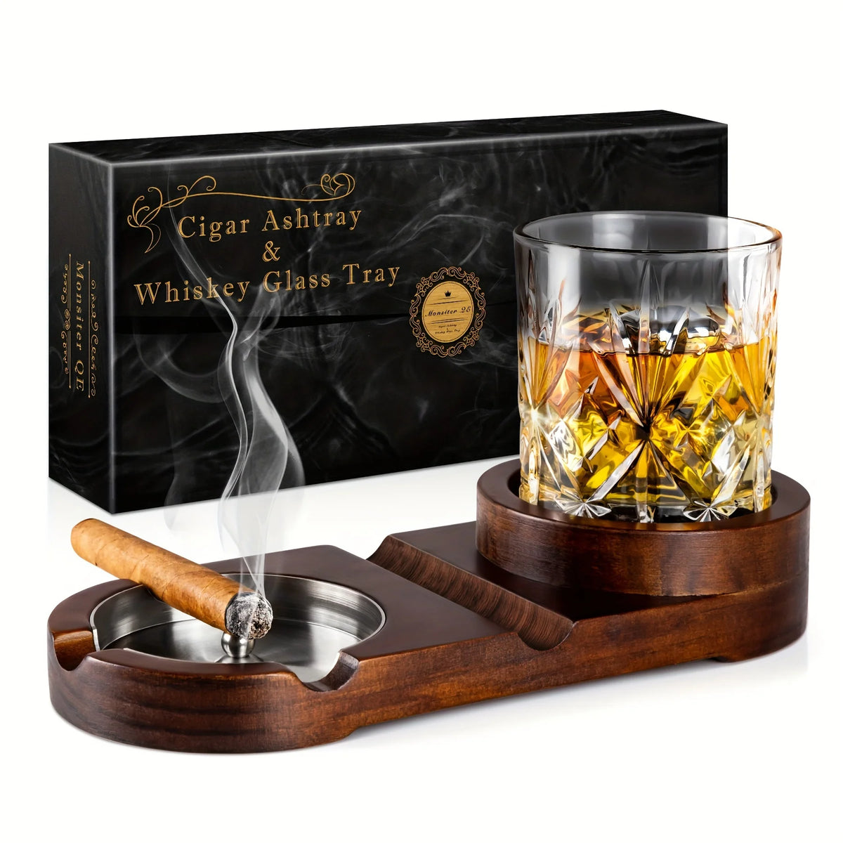 Posacenere con Porta Bicchiere da Whiskey e Sigaro — Vassoio in Legno Rimovibile, Uso Interno ed Esterno