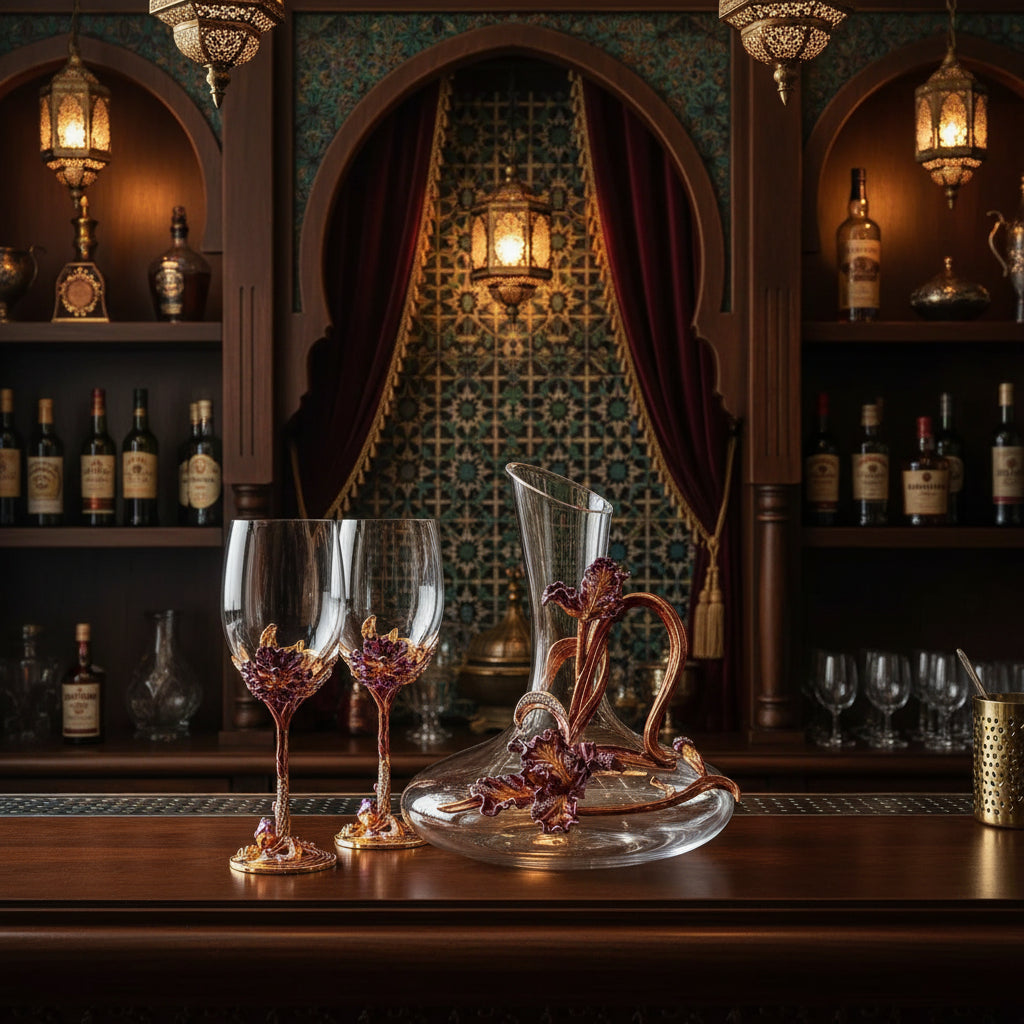 Set Decanter e Calici in Vetro con Smalto Colorato — Eleganza da Tavola