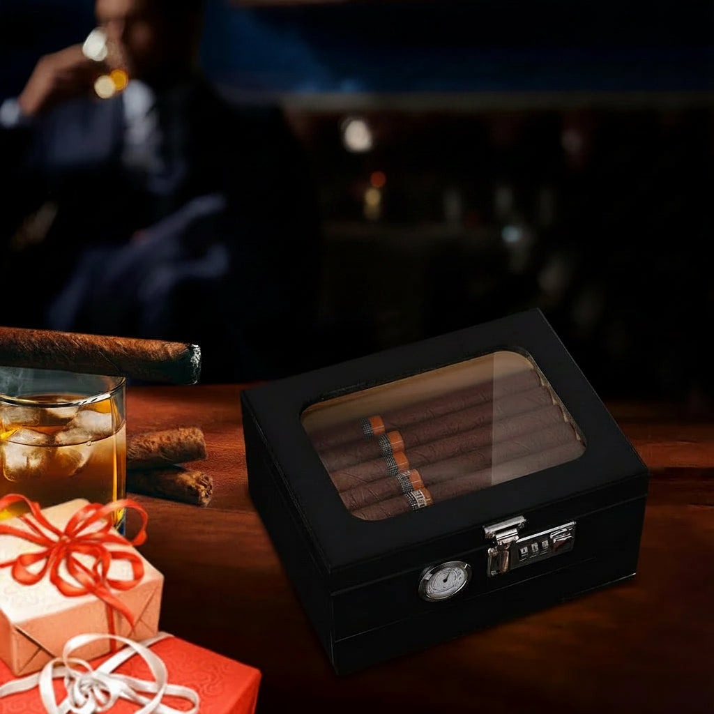Humidor da Tavolo in Legno di Cedro con Vetro Temperato, Igrometro Digitale e Cassetto Accessori