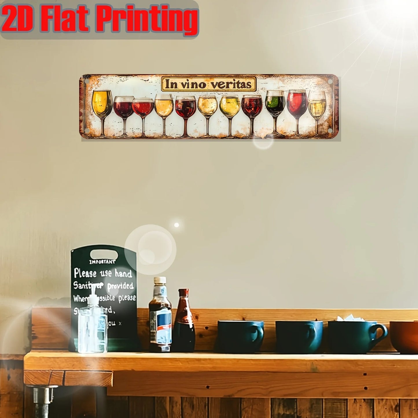 Insegna in metallo vintage "In Vino Veritas", targa decorativa da parete retrò con stampa piatta 2D a forma di bicchieri da vino, poster classico per bar, pub e cucina.