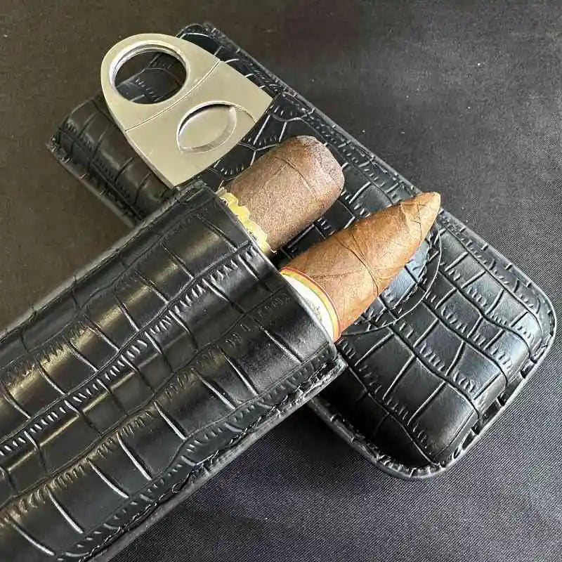 Portasigari da Viaggio 2 Posti in Pelle – Con Taglierino e Humidor, 4 Colori