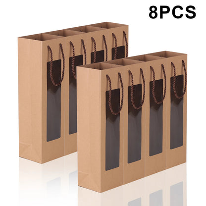 Sacchetti Regalo per Vino in Carta Kraft | Finestra Trasparente e Manico – Set da 8