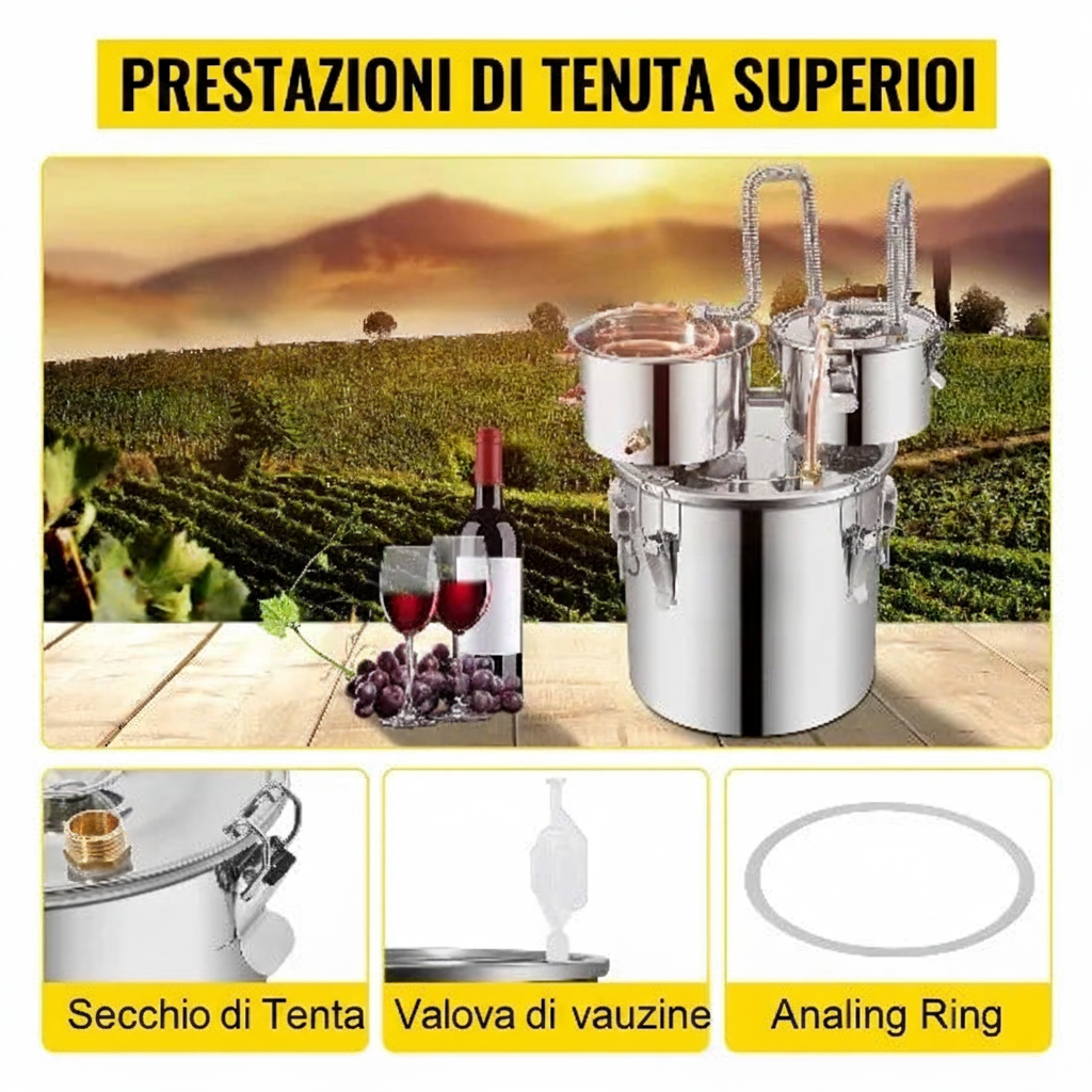 Distillatore in Acciaio Inox per Alcolici – 12L, 20L, 30L, 50L | Alambicco Professionale per Whisky, Brandy e Distillati
