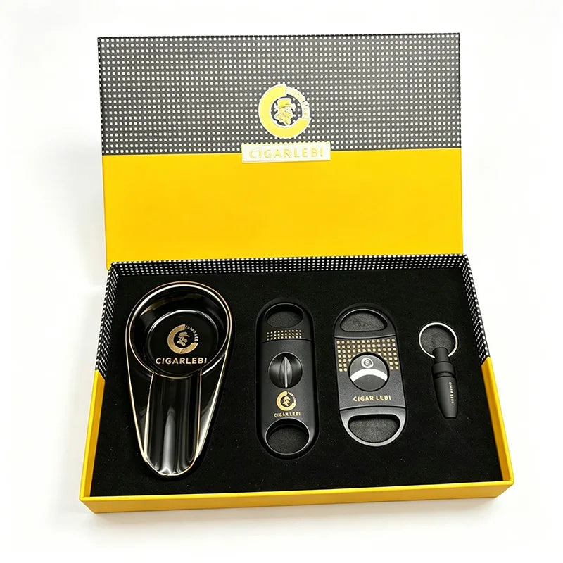 Set 4 Accessori per Sigari – Tagliasigari V-Cut, Taglio Dritto, Posacenere e Punch con Custodia Rigida