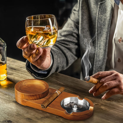 Posacenere con Porta Bicchiere da Whiskey e Sigaro — Vassoio in Legno Rimovibile, Uso Interno ed Esterno