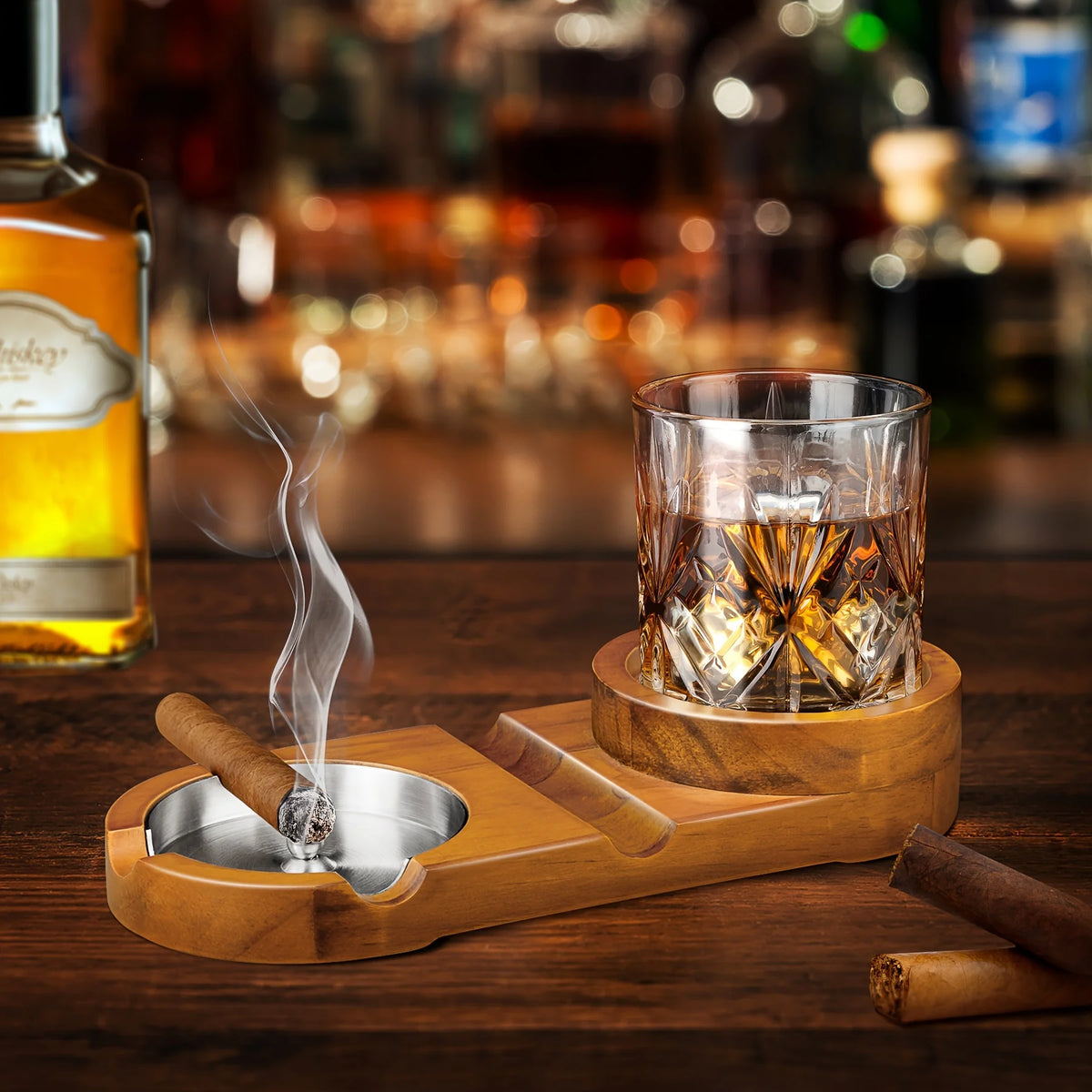 Posacenere con Porta Bicchiere da Whiskey e Sigaro — Vassoio in Legno Rimovibile, Uso Interno ed Esterno