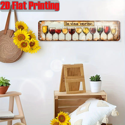 Insegna in metallo vintage "In Vino Veritas", targa decorativa da parete retrò con stampa piatta 2D a forma di bicchieri da vino, poster classico per bar, pub e cucina.