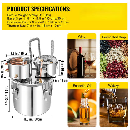 Distillatore in Acciaio Inox per Alcolici – 12L, 20L, 30L, 50L | Alambicco Professionale per Whisky, Brandy e Distillati