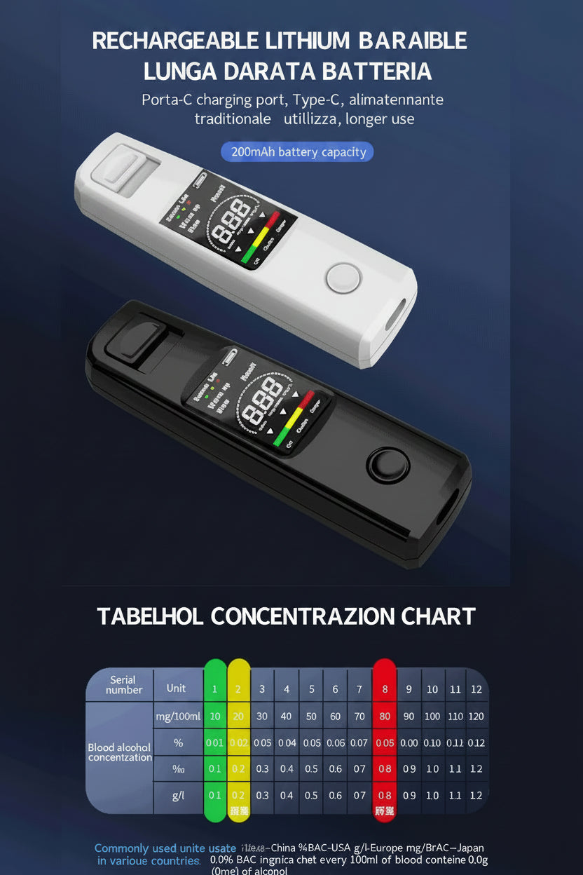 Etilometro Portatile Professionale – Display HD, Ricarica USB-C, Allarme Vocale