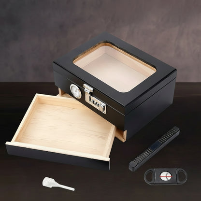 Humidor da Tavolo in Legno di Cedro con Vetro Temperato, Igrometro Digitale e Cassetto Accessori