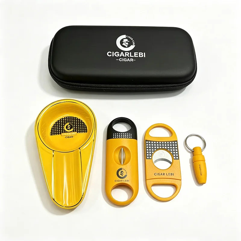 Set 4 Accessori per Sigari – Tagliasigari V-Cut, Taglio Dritto, Posacenere e Punch con Custodia Rigida