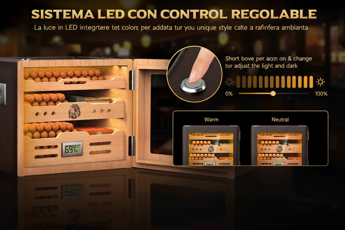 Cantinetta Portasigari in Legno di Cedro | LED, Igrometro Digitale, 2 Umidificatori, fino a 100 Sigari