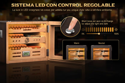 Cantinetta Portasigari in Legno di Cedro | LED, Igrometro Digitale, 2 Umidificatori, fino a 100 Sigari