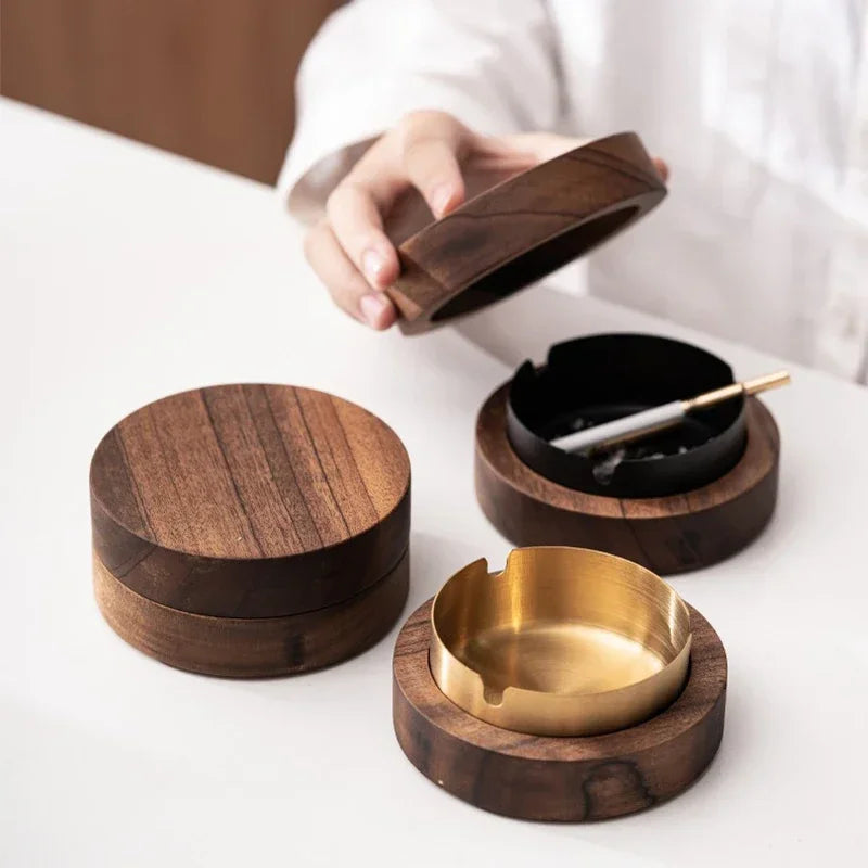 Posacenere in Noce con Coperchio — Antivento da Tavolo per Casa e Ufficio