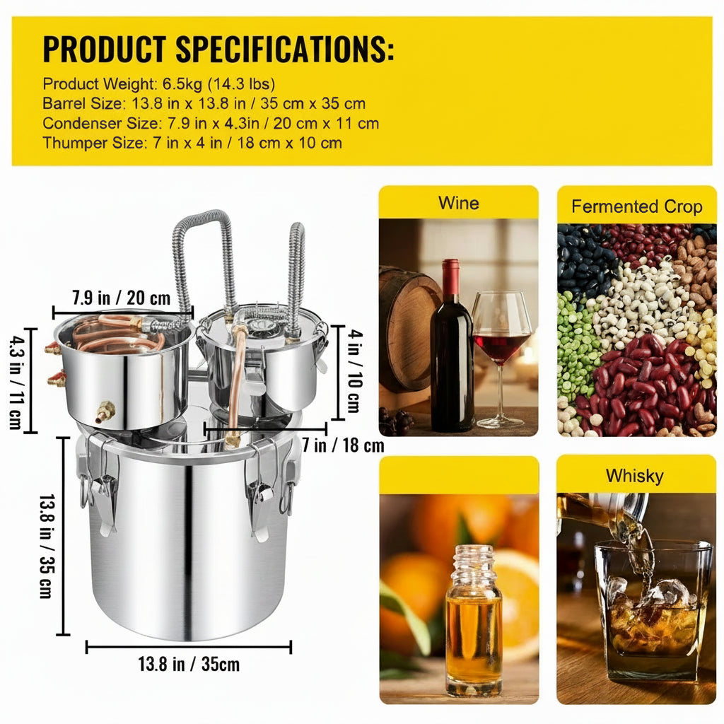 Distillatore in Acciaio Inox per Alcolici – 12L, 20L, 30L, 50L | Alambicco Professionale per Whisky, Brandy e Distillati