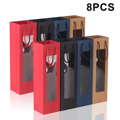 Sacchetti Regalo per Vino in Carta Kraft | Finestra Trasparente e Manico – Set da 8