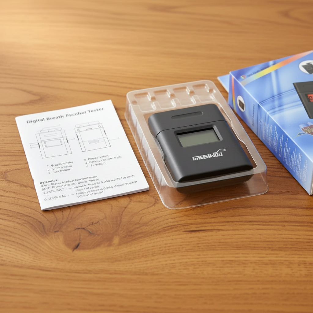 Etilometro Digitale Tascabile GREENWON – Display LCD, Boccaglio 360°, 5 Boccagli Inclusi
