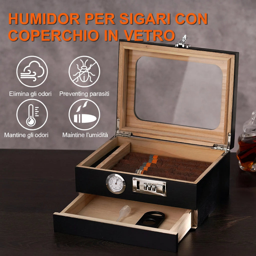 Humidor da Tavolo in Legno di Cedro con Vetro Temperato, Igrometro Digitale e Cassetto Accessori