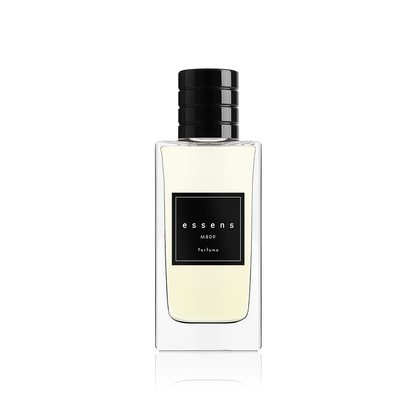 Flacone del profumo uomo ESSENS M809 con tappo nero su fondo bianco