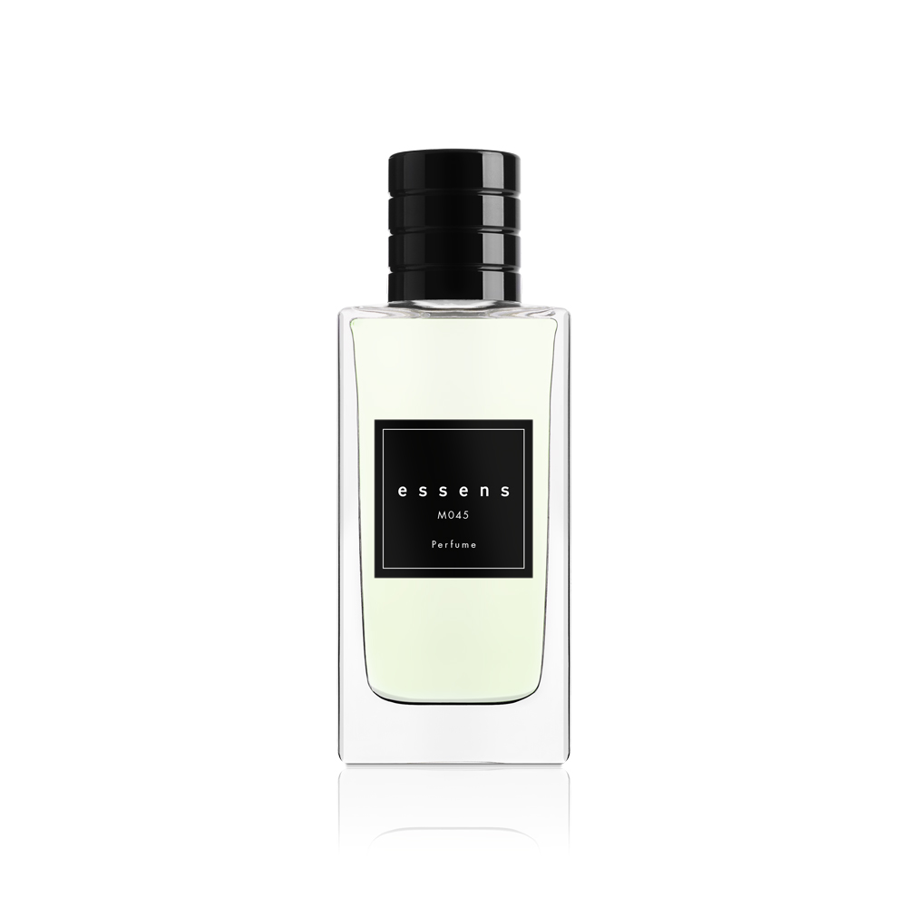 Flacone del profumo ESSENS M045 con tappo nero ed etichetta nera su fondo bianco