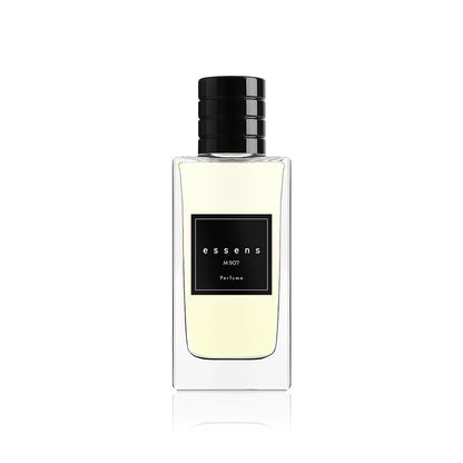 Profumo uomo ESSENS M907, flacone con tappo nero su fondo bianco