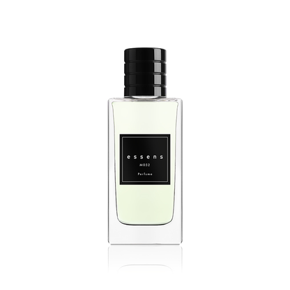 Flacone del profumo ESSENS M052 con tappo nero su fondo bianco