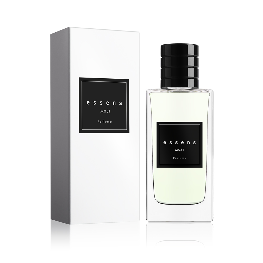 Flacone del profumo ESSENS M051 accanto alla confezione bianca