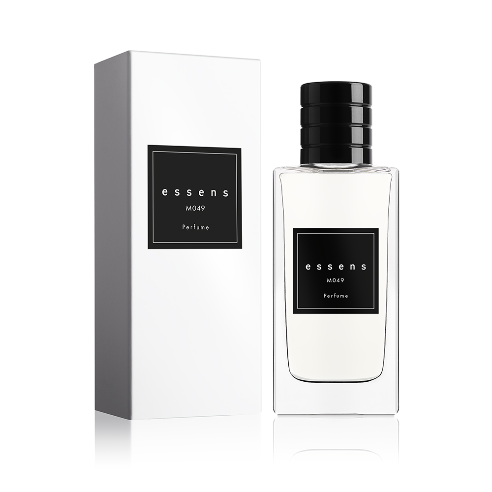 Flacone del profumo ESSENS M049 accanto alla confezione bianca