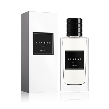 Flacone del profumo ESSENS M049 accanto alla confezione bianca