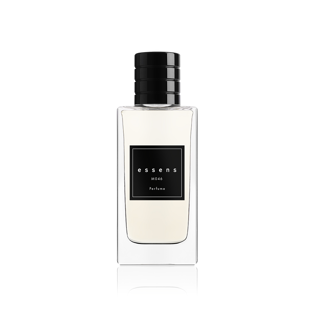 Flacone del profumo ESSENS M046 con tappo nero ed etichetta nera su fondo bianco