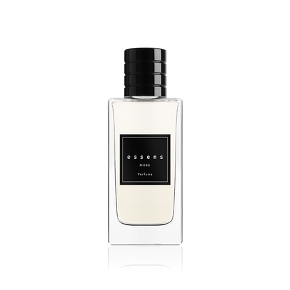 Flacone del profumo ESSENS M046 con tappo nero ed etichetta nera su fondo bianco