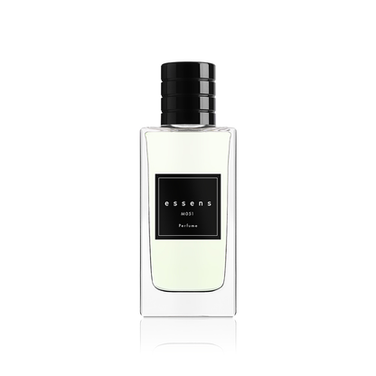 Flacone del profumo ESSENS M051 con tappo nero su fondo bianco