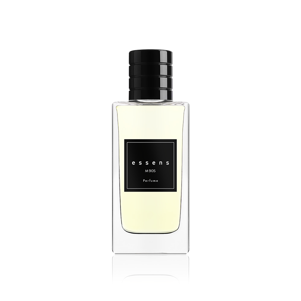 Profumo uomo ESSENS M905, flacone con tappo nero su fondo bianco