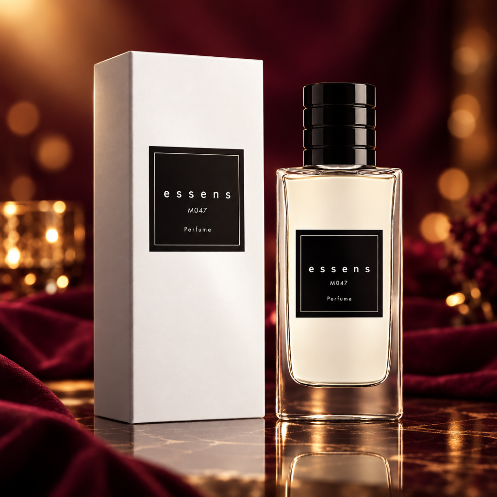 Flacone del profumo ESSENS M047 accanto alla confezione bianca