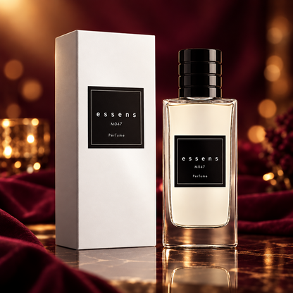 Flacone del profumo ESSENS M047 accanto alla confezione bianca