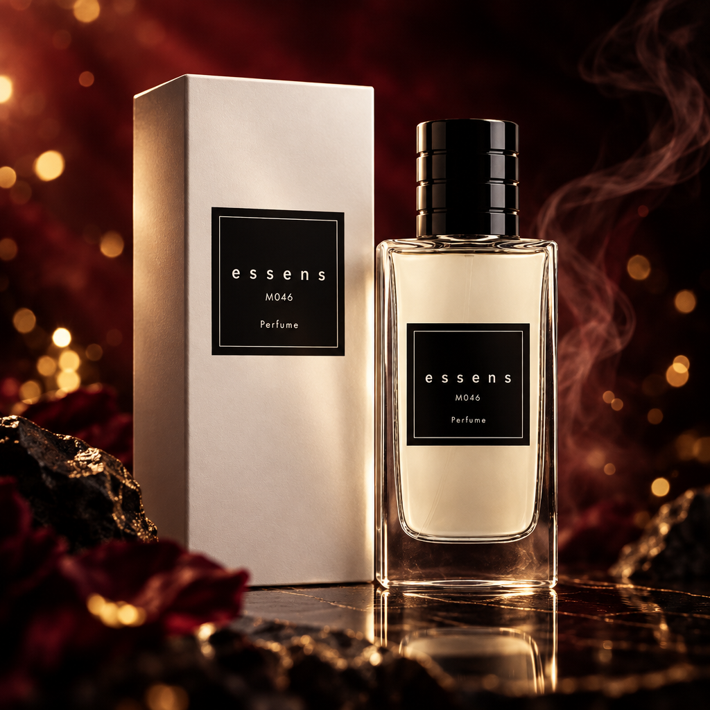Flacone del profumo ESSENS M046 accanto alla confezione bianca