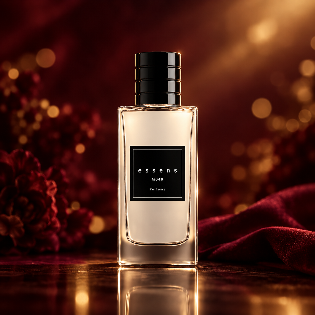 Flacone del profumo ESSENS M048 con tappo nero su fondo bianco