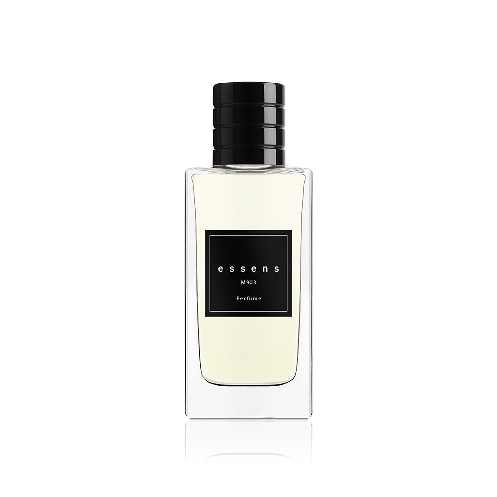 Profumo uomo ESSENS M903, flacone con tappo nero su fondo bianco