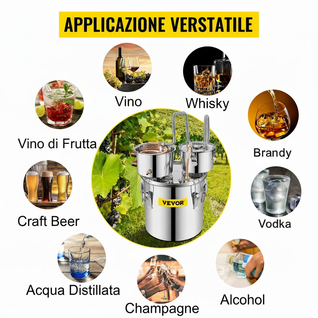 Distillatore per Alcolici in Acciaio Inox – 12L, 20L, 30L, 50L | Alambicco Artigianale per Whisky, Brandy e Vodka